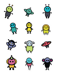 Obraz premium Cute Kawaii style alien space illustrations set, colorful minimalist vector icons, black outline, bold lines, flat icons, smiling characters for kids babies toddlers, kid friendly sticker collection