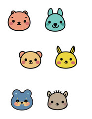 Fototapeta premium Cute Kawaii style animal face illustrations set, colorful minimalist vector icons, black outline, bold lines, flat icons, smiling characters for kids babies toddlers teachers, kid friendly stickers