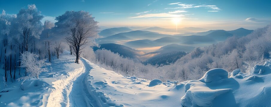 A view of the Bieszczady mountains in winter during the afternoon hours, captured from a hiking trail, showcasing the serene snow-covered landscape and the beauty of the natural surroundings