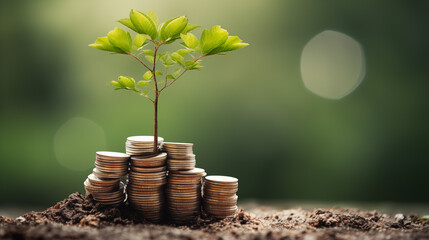 Trees growing on coins. Money saving and deposit growth from investment profit. Financial banking concept. - obrazy, fototapety, plakaty