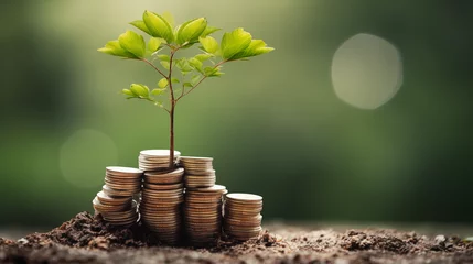 Foto op Canvas Trees growing on coins. Money saving and deposit growth from investment profit. Financial banking concept. © Kamil Miłek