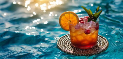 A  colourful cocktail floating in the pool.
