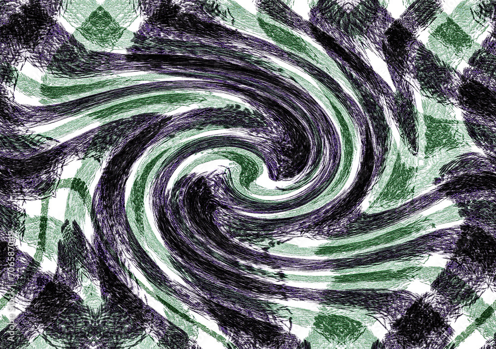 Poster abstract dynamic background with swirls. black and green checkered surface curls into a spiral on a 