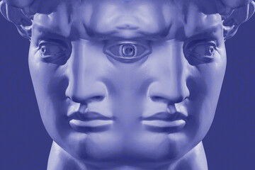 Double head statue David close up on blue background. Replica of face famous sculpture youth of David by Michelangelo. Template design for art, dj, fashion, poster, zine. Digital crypto art style. - 706587280