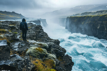 Island Wasserf&auml;lle Person beobachtet die Landschaft