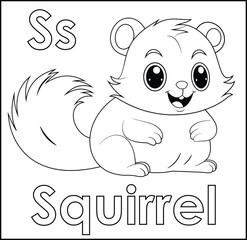 ABC alphabet tracing practice worksheet. Letter S for Cartoon cute squirrel animal coloring pages vector illustration.
