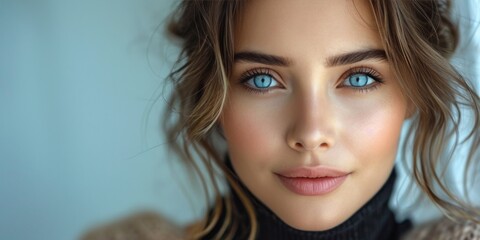 Close-up beauty portrait of a young woman with flawless skin, attractive features, and stylish makeup in a studio setting. - obrazy, fototapety, plakaty