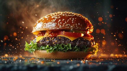Food photography, classic cheeseburger, juicy beef patty with melting cheese, lettuce and tomato,...