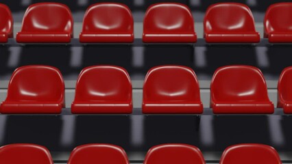 Panning shot of rows of red seats at sports facility. 3d rendering animation.