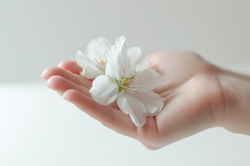 Woman's hand holding a white flower on white background