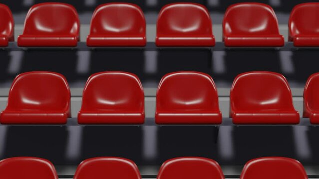 Panning shot of rows of red seats at sports facility. 3d rendering animation.