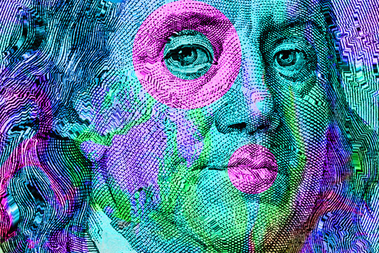 Close-up portrait of U.S. president Benjamin Franklin from the 100 dollars banknote toned neon colors. Template for poster, art, zine, dj.