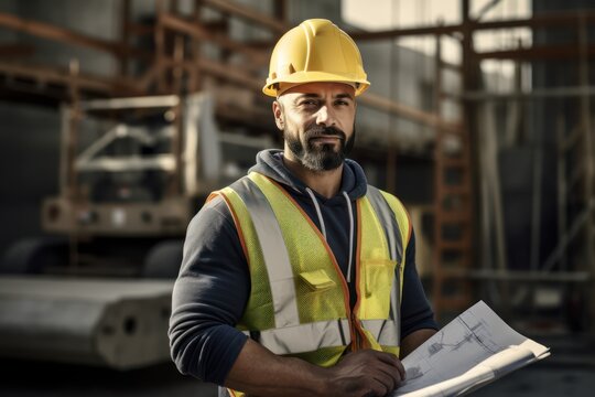 Portrait of middle aged construction worker looking thoughtful while standing at constraction site and using digital tablet.