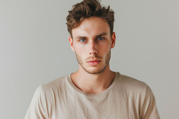 Fototapeta premium Blue-Eyed Handsome Young Man Sporting A Beige T-Shirt