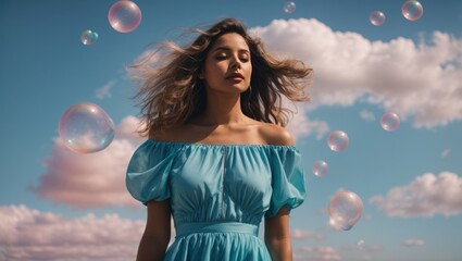 Beautiful young woman in a blue dress with soap bubbles