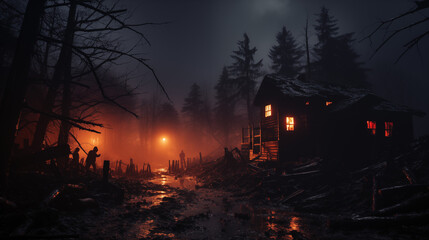 An Abandoned Shack in the Haunting Silence of a Misty Forest at Midnight. A haunting, moonlit scene reveals an eerie abandoned house shrouded in fog among barren trees. 
