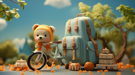 Fototapeta premium Asian toddler girl learning to ride a bicycle at the park on a warm summer day; infant sport concept Concept of returning to school on a blue background. A contemporary school bag, books, supplies, an