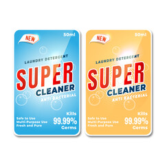 Super detergent labels in blue and white colors