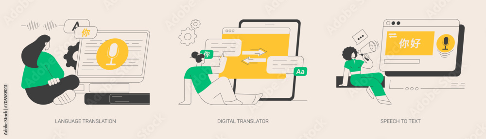Poster multilingual mobile application abstract concept vector illustrations.