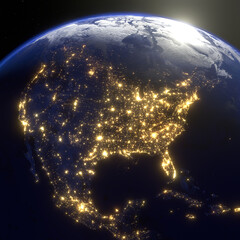 Earth at night from around the globe, 3D rendering