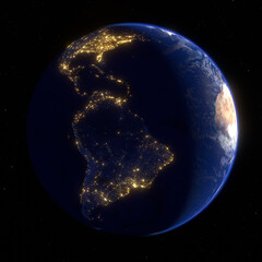 Western hemisphere at night from space with brightly lit cities, 3D render - 706589036