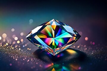 A sparkling diamond with facets reflecting rainbow hues under soft lighting.
