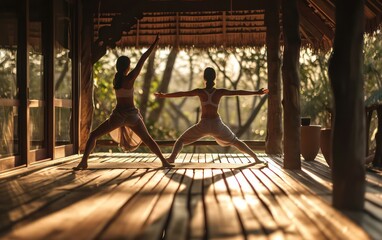 Women gracefully extends their arms and legs, immersed in a yoga practice on a blurred wooden floor at a tranquil resort. The mesmerizing morning light and shadows from the sunrise envelop the scene,  - obrazy, fototapety, plakaty