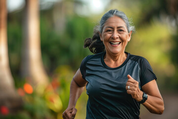 Senior Latina Woman Runs With Happiness In Sportswear