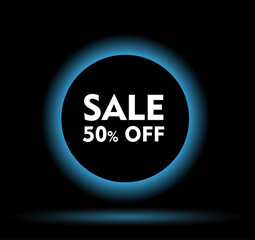 Sale with a 50% discount.
 A framed banner with neon lighting 
on a black background. Vector