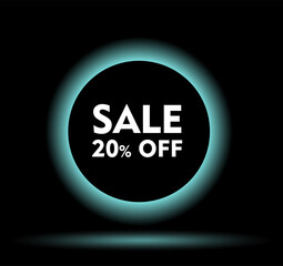 Sale with a 20% discount.
 A framed banner with neon lighting 
on a black background. Vector