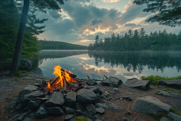 Tranquil Campfire Amidst The Serene Forest And Lake