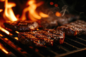 Steaks Sizzling On The Grill Amidst The Fiery Flames