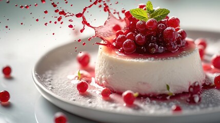 Food photography, deconstructed cheesecake, with a berry compote splash in motion, presented on a minimal white plate