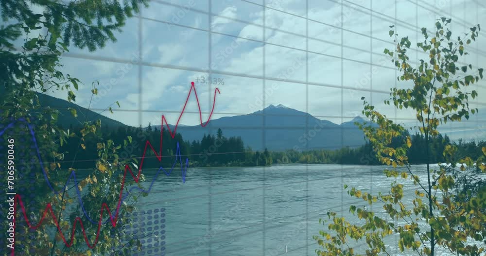 Poster animation of data processing and diagrams over landscape