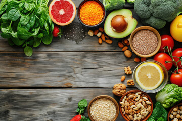 Variety Of Healthy Food Displayed On Wooden Background