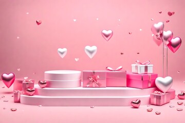 Podium realistic with different height on pink pastel background, Valentine theme, romantic theme with gifts, 3D hearts 