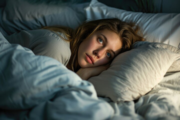 Woman Suffers From Insomnia, Lying Awake In Bed