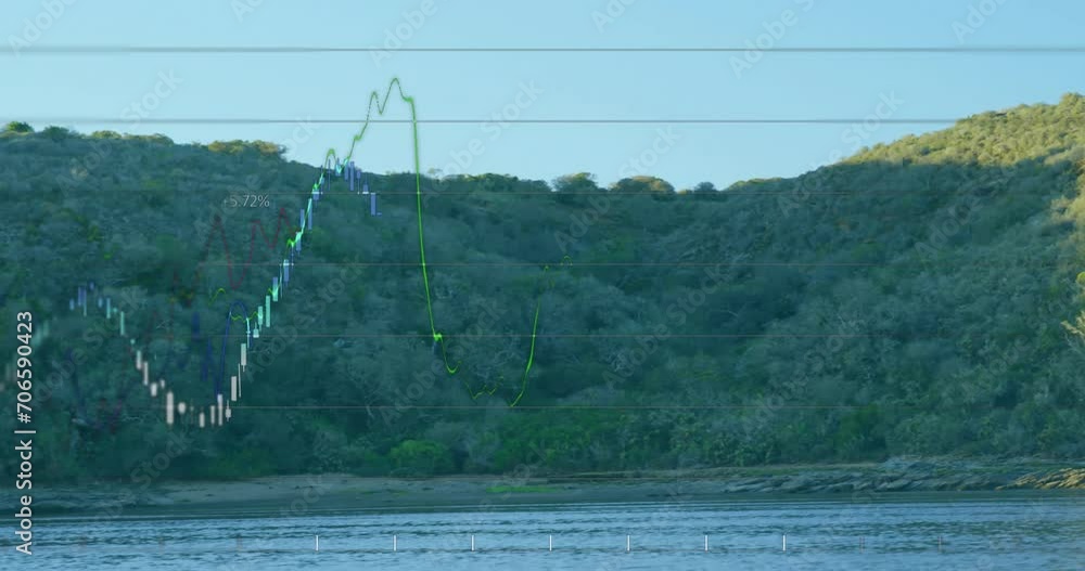 Aufkleber animation of data processing and diagrams over landscape