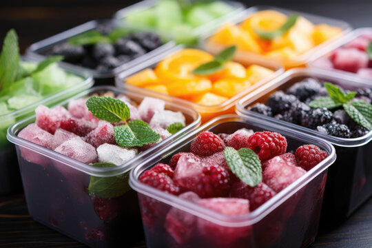 assorted frozen berries and fruits in food containers