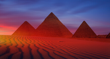 Fototapeta na wymiar Giza Pyramid Complex with crescent moon at night - Cairo, Egypt