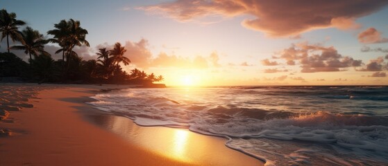 Obraz premium sea sandy beach. Panoramic beach landscape. tropical beach seascape. Orange and golden sunset sky, calm, relaxing sunshine, summer mood. Vacation travel banner