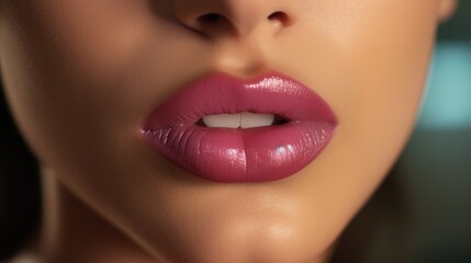 Fototapeta premium pink lips close up. Beautiful Perfect Makeup. macro. Beautiful pink Lip Gloss. advertising. Cosmetic. Mouth open, big lips.