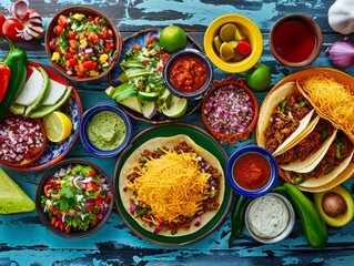 Tacos and Mexican dishes laid out on the table, top view