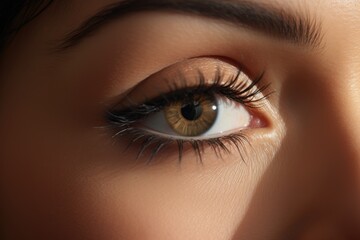 Fototapeta premium Female eye with very long eyelashes. Eyelash extensions. Makeup, cosmetics, beauty. Close up, Macro