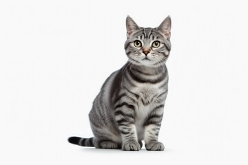 Portrait of gray tabby cat on white background. Lovely pet