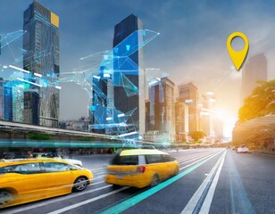 The concept of a broad banner with copyspace area is used in smart city public transit control, mobile app for ordering taxis to a destination or place, and directions monitoring GPS system. - obrazy, fototapety, plakaty