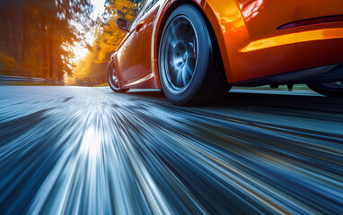 Close-up view of a car speeding on the road seen from below