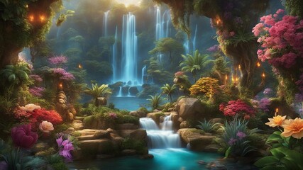 Obraz na płótnie Canvas waterfall in the park Fantasy mural of a mythical landscape, with exotic flowers, multi colors Waterfall mural 