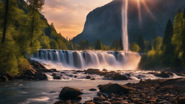 falls at night Steam punk waterfall   with a landscape of   Colorful  sky