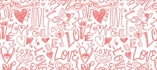 Seamless pattern with chaotic hearts. Vector illustration with hearts ornament. Valentines day wrapping paper. Cover hearts print.